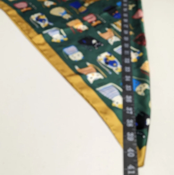 Whimsical assorted cats on silky green polyester with gold trim scarf, head wrap - Picture 10 of 15